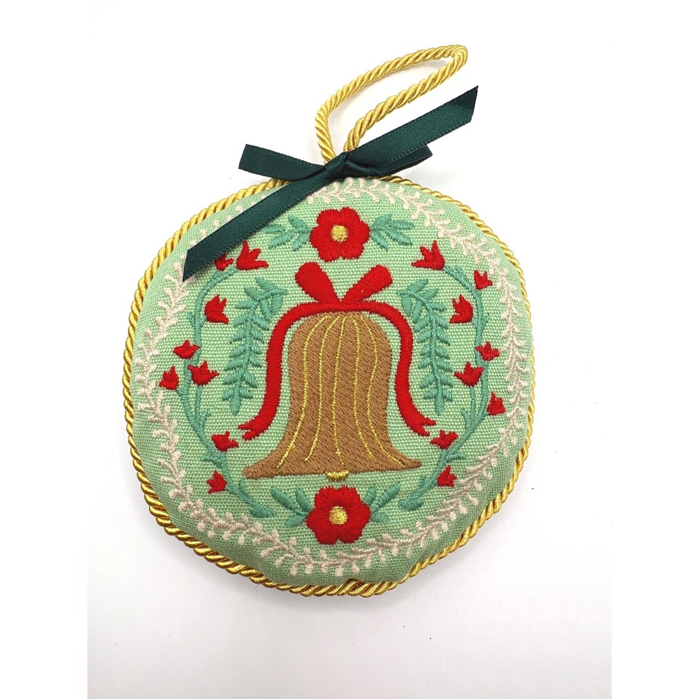 Rifle Paper Co Embroidered Christmas Bell Ornament Sage Green Gold Rope Trim